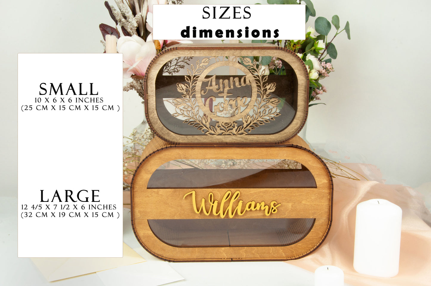 Box sizes:
Small - 10 x 6 x 6 inches (25 cm length x 15 cm height x 15 cm width),
envelope slot - 4 3/4 inches (12 cm);
Large - 12 4/5 x 7 1/2 x 6 inches (32 cm length x 19 cm height x 15 cm width),
envelope slot - 5 3/4 inches (12 cm);