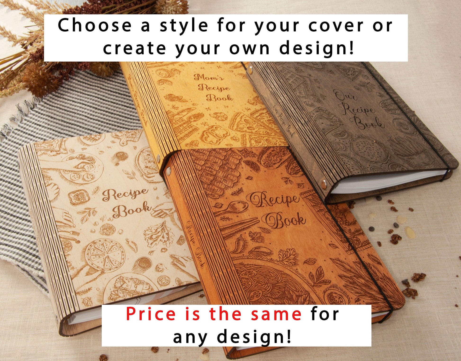 Custom Cookbook, Recipe Book Custom, Personalized CookBook, Wooden Cover Notebook, Mom Birthday Gift, Blank Cookbook, Recipe Journal