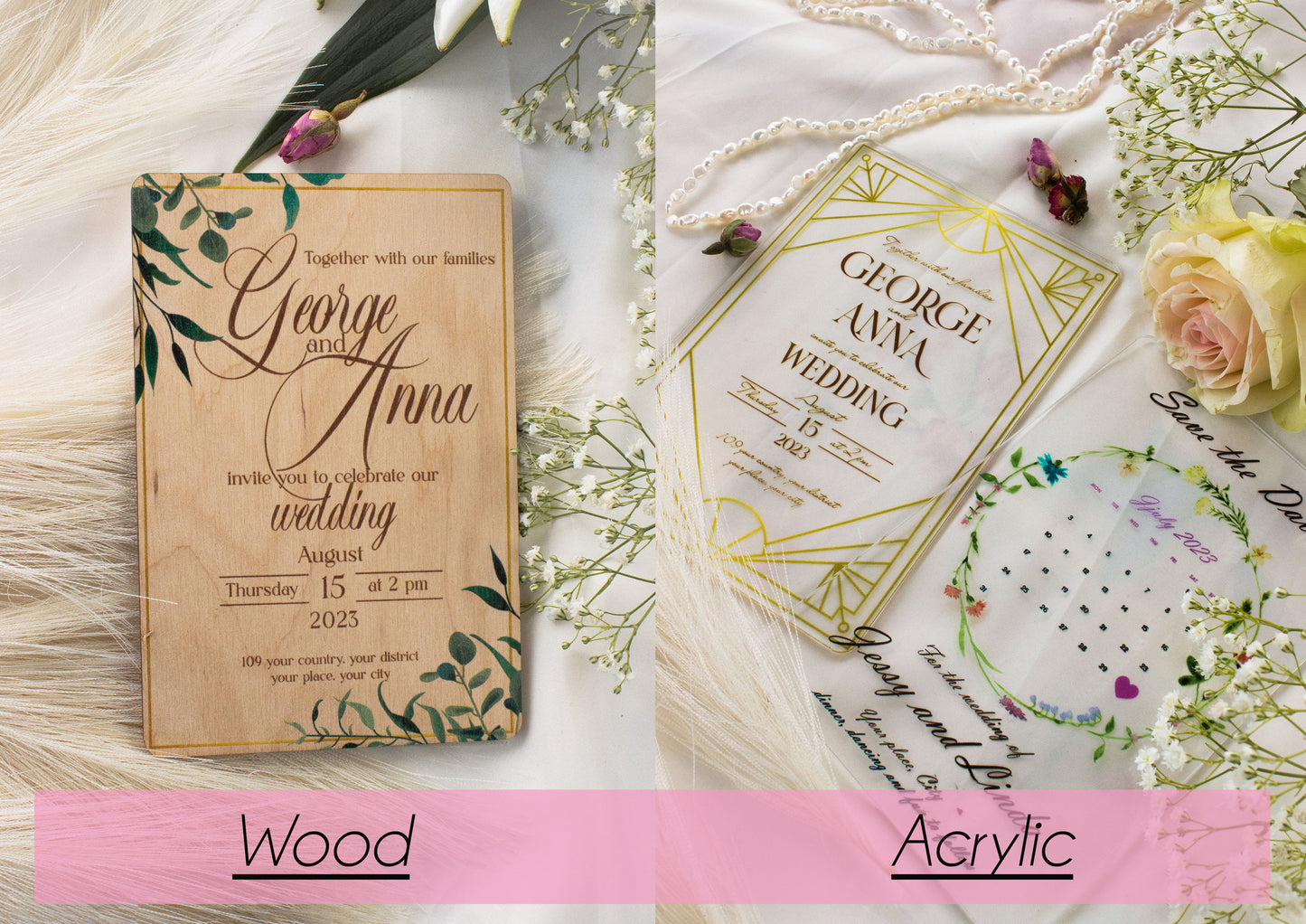 Eucalyptus Wooden Wedding Invitation Set, Rustic Wedding Invitations, Wedding acrylic Invitation Suite, Rustic and Boho Wedding Invitation